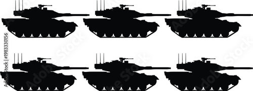 Military tank silhouettes collection, black armored vehicle icons, war machine illustration, defense equipment graphic, combat army tanks vector design set