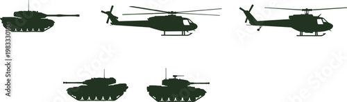Military vehicles silhouettes, tanks and helicopters, defense equipment illustration, army warfare concept, combat design, strategic power, armed forces icons
