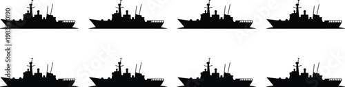 Military warship silhouettes, naval fleet formation, destroyer frigate vessels, maritime defense illustration, navy ships pattern, ocean security concept, armed forces