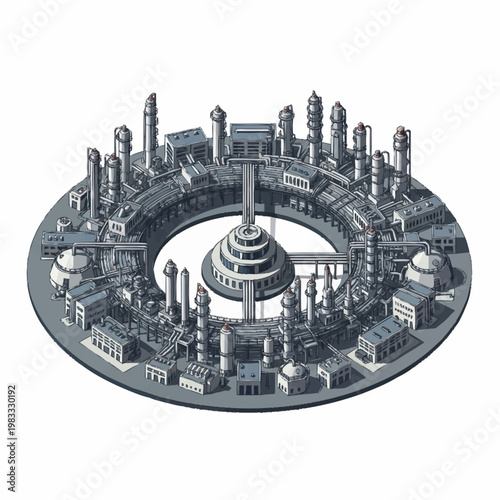 Futuristic circular industrial complex with a central tower, representing advanced manufacturing and technology.