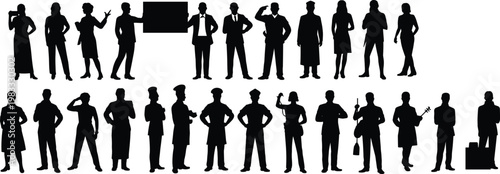 Occupational silhouettes, diverse professions, worker icons, business roles, healthcare staff, culinary jobs, manual labor, education concept, career diversity, society illustration