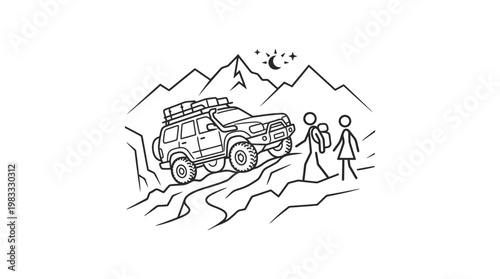 Adventure Car and Hiker's in Mountain Landscape