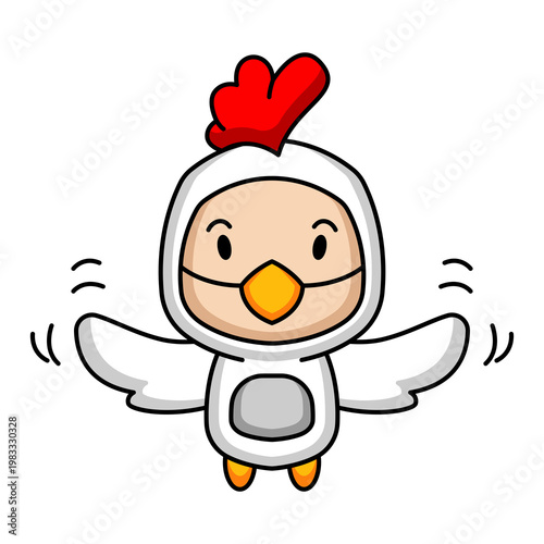 Illustration of character wearing chicken mascot.
