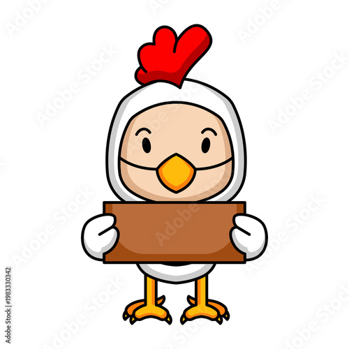 Illustration of character wearing chicken mascot.
