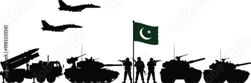 Pakistan military power illustration, fighter jets, tanks, missile launcher, armed soldiers, national flag, defense strength, patriotic concept, armed forces silhouette
