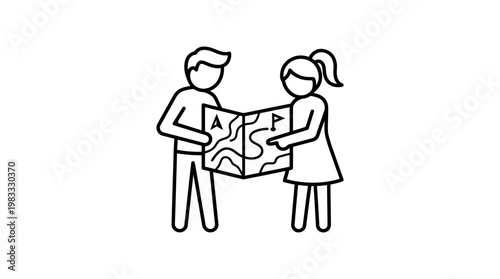 People Examining a Map Outline Style