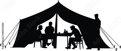 Outdoor tent silhouette, group of people meeting, teamwork illustration, camping scene, rustic gathering, social interaction, field operations, collaboration concept