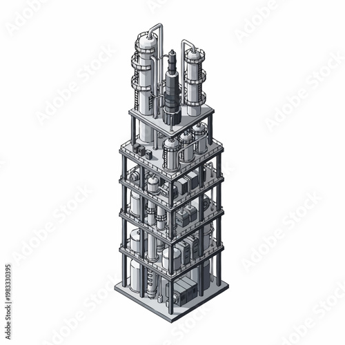 3D rendering of a complex industrial distillation column and processing unit.