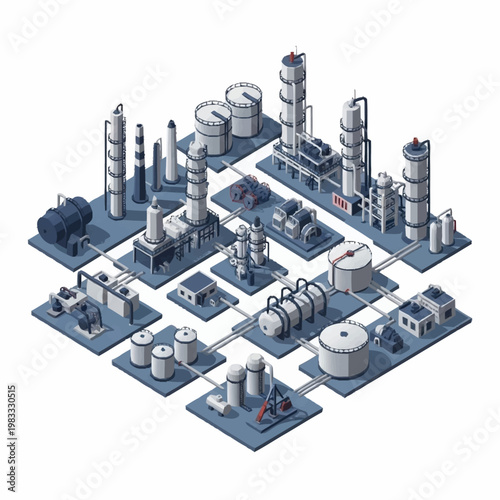 Isometric illustration of a complex industrial oil refinery complex with interconnected pipelines and storage tanks.