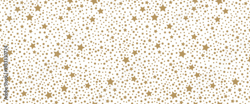 Festive vector background with golden stars. Seamless holiday pattern. Christmas star. Decoration for gift wrapping paper, fabric, clothing, textiles, surface textures, and scrapbooking.