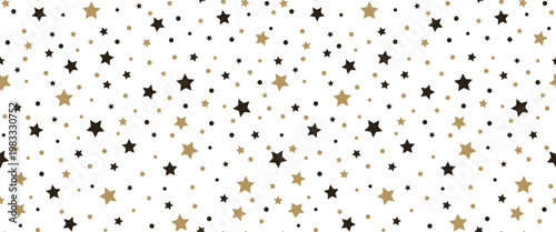 Festive vector background with golden stars. Seamless festive pattern. Christmas wrapping paper. Decor for fabric, clothing, textiles, surface textures, and scrapbooking.