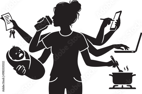 Mother silhouette with multiple arms multitasking home and work