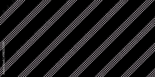 Valokuva black and white background ,Industrial Black and White Diagonal Mesh Pattern, black diagonal stripes alternating with a fine white dotted mesh or wire-frame texture