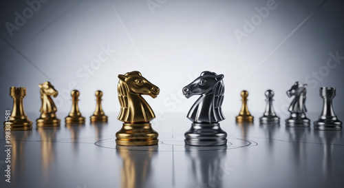 Golden and silver chess pieces on reflective surface with strategic focus and soft lighting