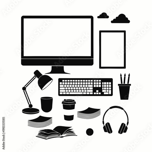Collection of black silhouette icons for a home office or study space computer monitor