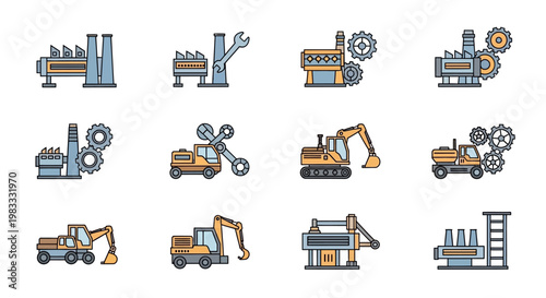 Construction vehicles and industrial equipment.