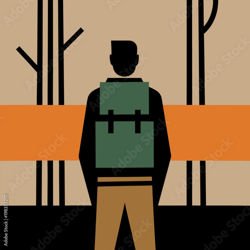Backpacker stands in a minimalist forest depicted in a modern flat vector illustration style with earthy tones