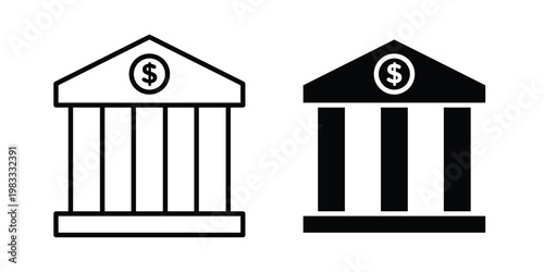financial institution icon outline style. Black solid silhouette style icons