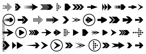 Set of black arrow icons in various styles. Directional pointers, cursor symbols, and navigation signs for web and graphic design. Simple vector elements isolated on a white background.