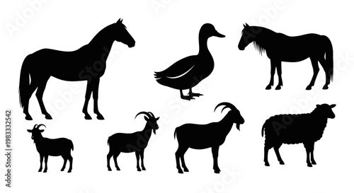 Farm Animals Silhouettes Collection: Horse, Duck, Goat, and Sheep Icons