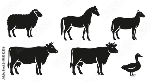 Farm Animals Silhouettes Collection: Sheep, Horse, Goat, Cow, and Duck Set