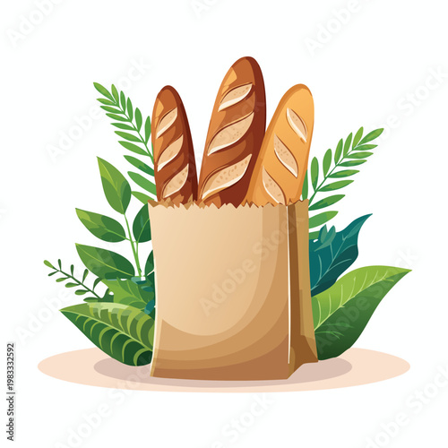 Fresh baked bread baguettes in paper bag with lush green foliage vector art