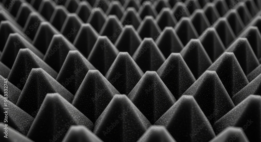 Fototapeta premium Acoustic foam panel with pyramid texture. Soundproofing material for recording studio wall. Noise insulation and sound absorption technology for professional music production environment.