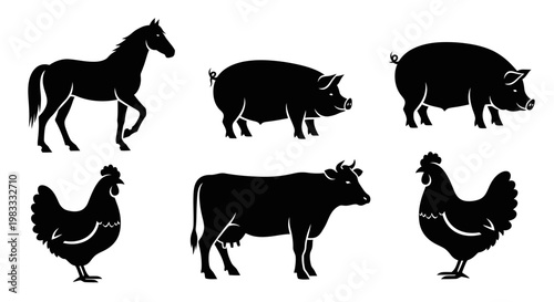 Farm Animals Silhouettes Set: Horse, Pig, Cow, and Chicken Livestock Icons