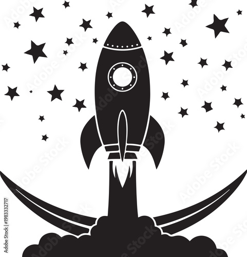 Black rocket ship, space icon, launch silhouette, starry night isolated PNG with Transparent Background