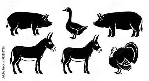 Farm Animals Silhouettes Set: Pig, Donkey, Goose, Turkey Black Icons on White Background