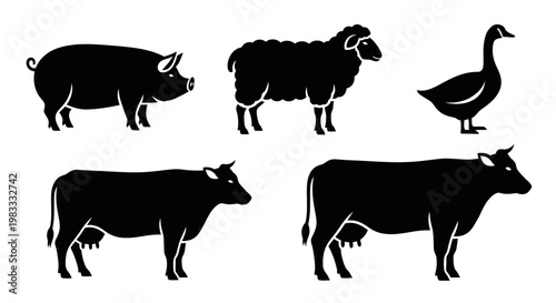 Farm Animals Silhouettes Set: Pig, Sheep, Goose, and Cows - Livestock Collection
