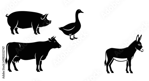 Farm Animals Silhouettes Set: Pig, Goose, Cow, and Donkey on White Background