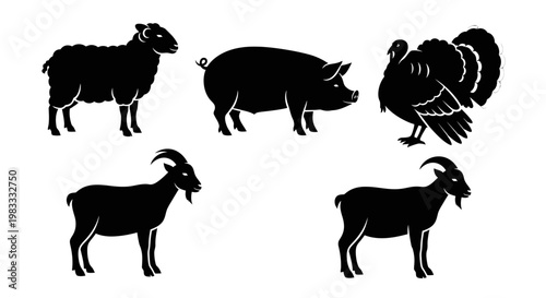 Farm Animals Silhouettes Set: Sheep, Pig, Turkey, and Goats