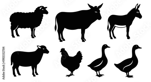 Farm Animals Silhouettes Set. Domestic Livestock Icons Collection.