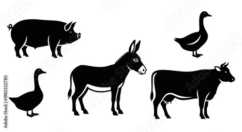 Farm Animals Silhouettes Set. Pig, Donkey, Cow, and Geese Icons. Livestock Collection.