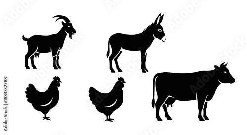 Farm Animals Silhouettes Set. Livestock Icons Collection. Goat, Donkey, Chicken, Cow Vector.