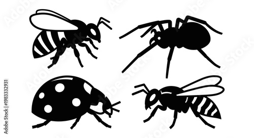 Insect Collection Silhouette Icons: Bee, Spider, Ladybug Vector Set