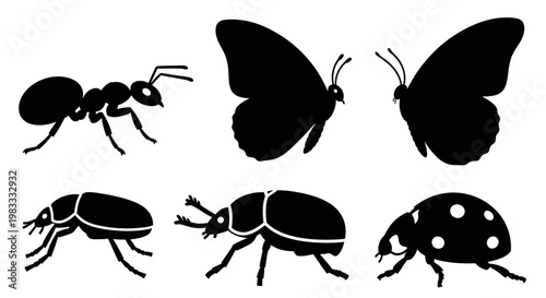 Insect Silhouettes Collection: Ant, Butterfly, Beetle, and Ladybug Vector Set