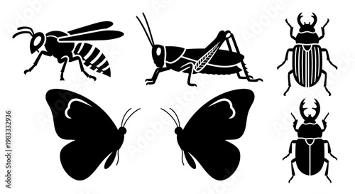Insect Silhouettes Collection: Bee, Grasshopper, Butterfly, and Beetle Vector Icons