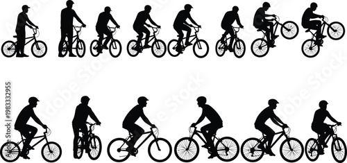 Cyclist silhouette set showing bicycle riding progression and stunt wheelie poses, active lifestyle sports collection isolated on white background vector illustration design