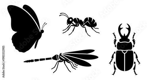 Insect Silhouettes Collection: Butterfly, Ant, Mosquito, and Beetle Icons