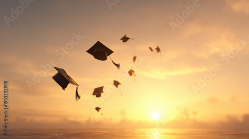 Graduation caps tossed in the air at sunset over the ocean, symbolizing achievement. A group of graduation caps are thrown into the air against a warm sunset sky, representing end of academic journey