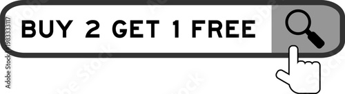 Search banner in word buy 2 get 1 free with hand over magnifier icon on white background