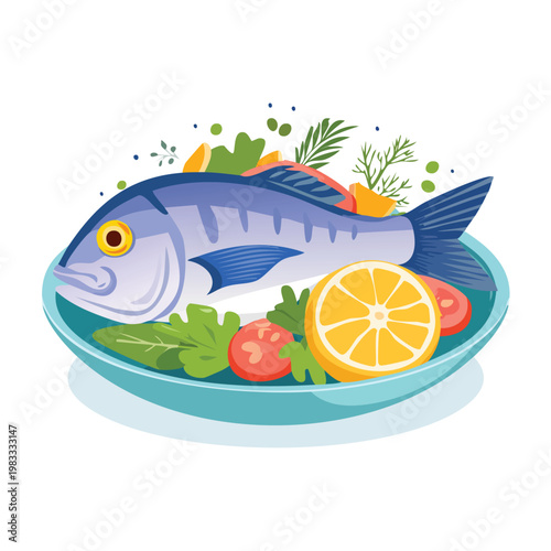 Freshly prepared blue fish dish on plate with vegetables and lemon