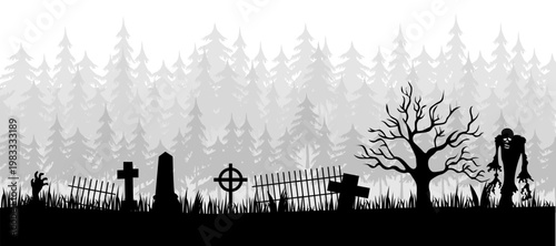 The silhouette of a gloomy cemetery against a forest backdrop. A Halloween background