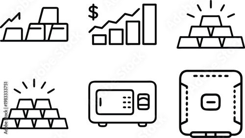 Assortment of gold bar, financial growth, and secure storage line icons.