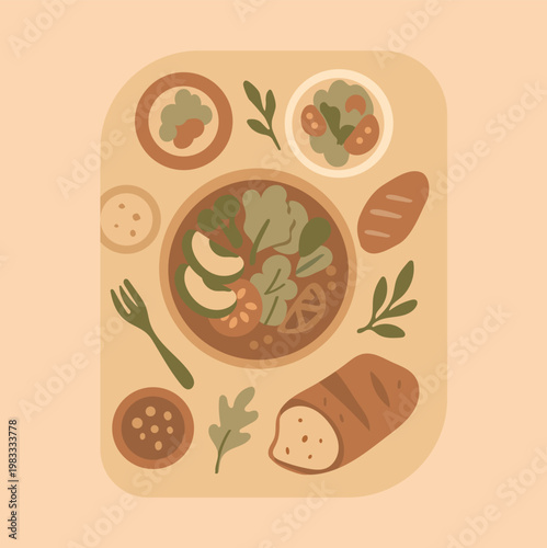 Healthy food flat scenes set — cooking, delivery and organic restaurant in mocha tones