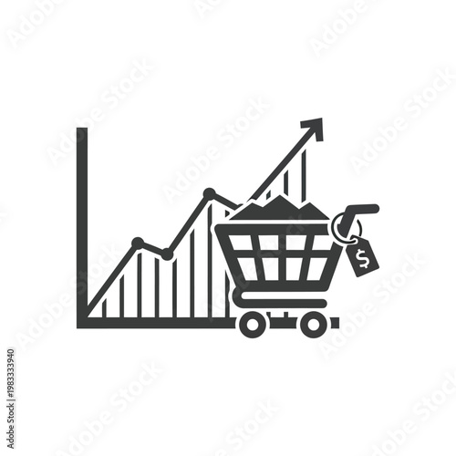 Shopping Cart with Price Tag and Rising Line Graph Icon Representing Inflation, Market Demand and Growth