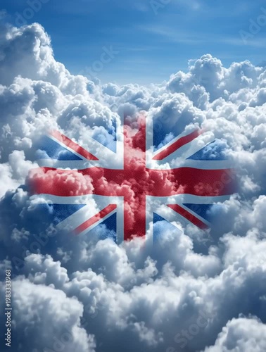 United kingdom flag emerging through blue sky clouds