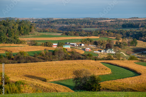 Rolling golden hills and farmland with barns and fields in Midwest rural landscape, woodlands framing tranquil agricultural scene.